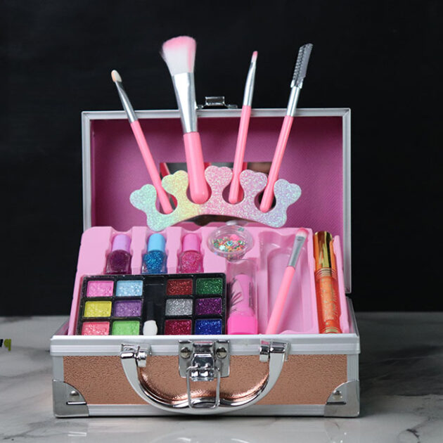 حقيبة مكياج الأطفال المتكاملة مع مرآة – مجموعة تجميل آمنة وممتعة للبنات